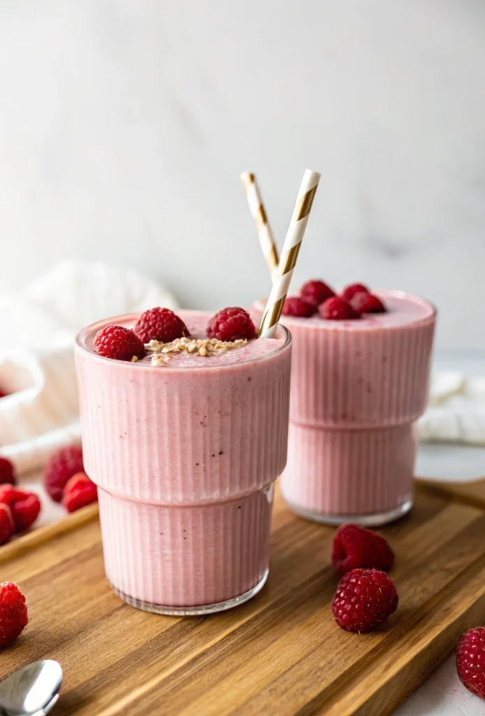 Two glasses of creamy pink cottage cheese smoothie topped with fresh raspberries and granola, served with striped straws on a wooden board, surrounded by loose raspberries.