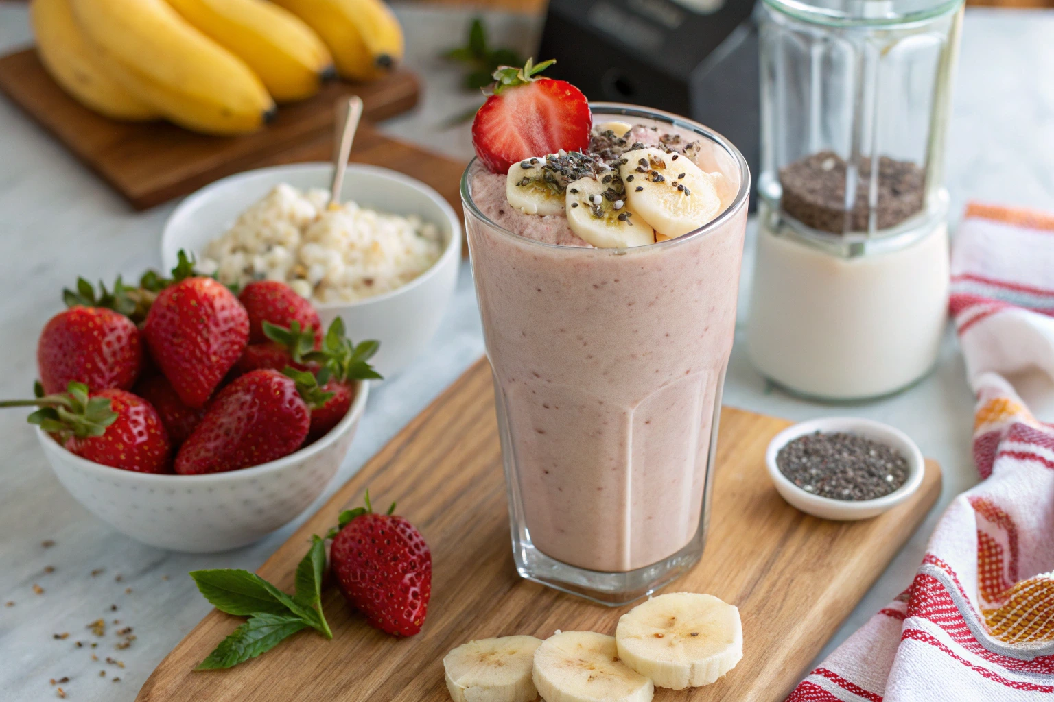 A creamy cottage cheese smoothie topped with fresh banana slices, a strawberry, and chia seeds, surrounded by bowls of strawberries, cottage cheese, and chia seeds, with bananas and milk in the background on a wooden board.