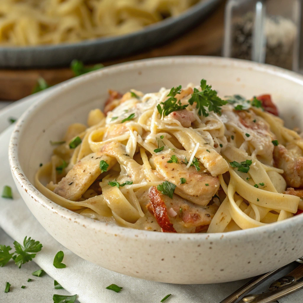 Delicious crockpot chicken and pasta served in a rustic bowl, topped with Parmesan, fresh parsley, and tender chicken slices, set on a wooden table with fettuccine and seasoning in the background