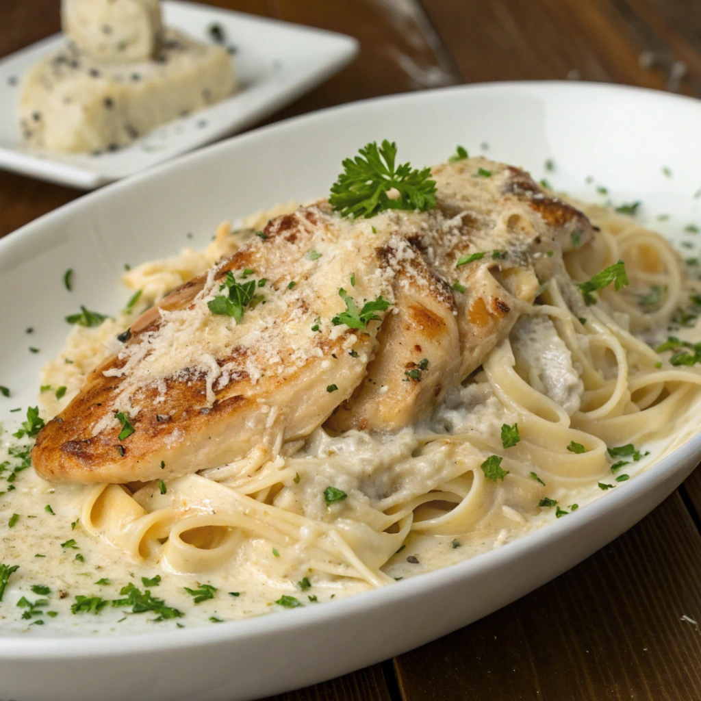 Rich and creamy garlic Parmesan chicken pasta served on a white plate, featuring a grilled chicken breast, fettuccine pasta, and garnished with fresh parsley and grated Parmesan, styled on a wooden table for a gourmet presentation