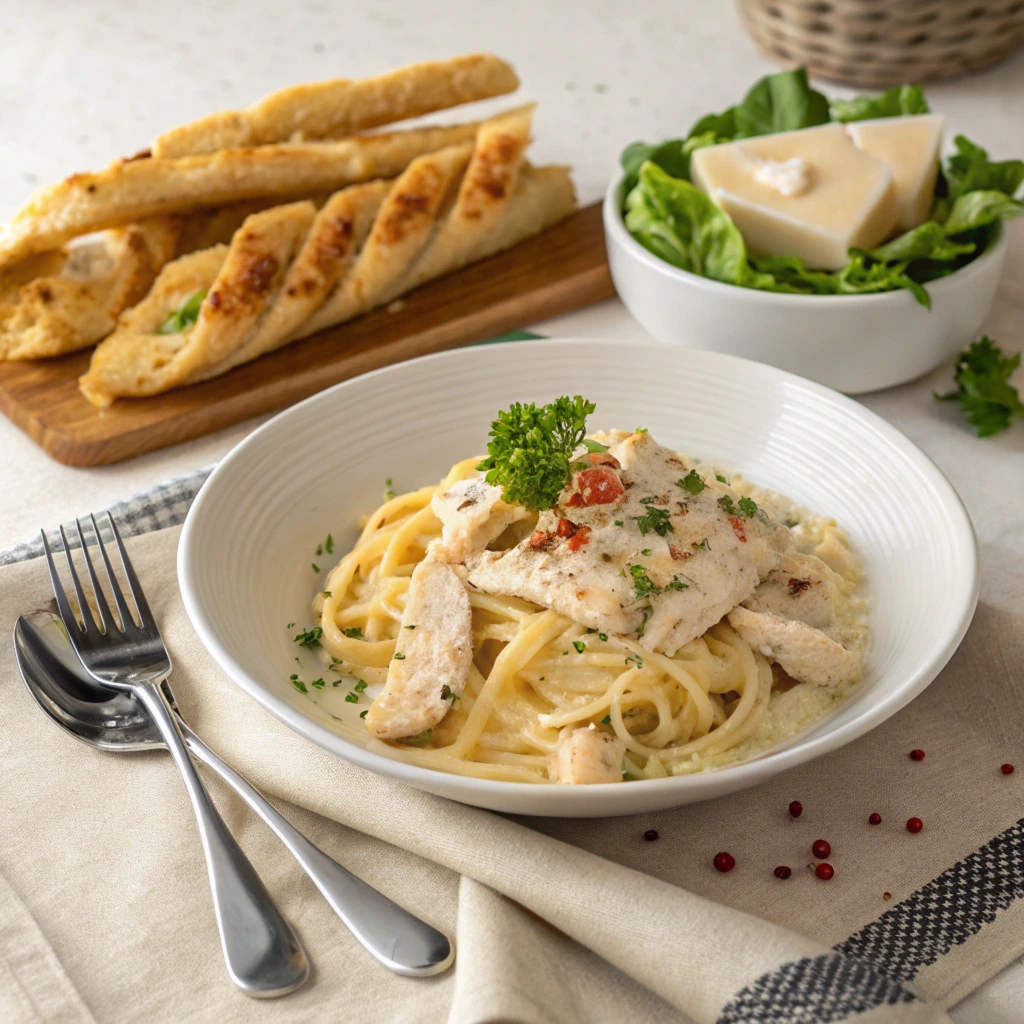 Plated creamy chicken and pasta served with fresh parsley garnish, alongside garlic breadsticks and a side of Caesar salad with Parmesan cheese, styled on a white table for an elegant food blog presentation.