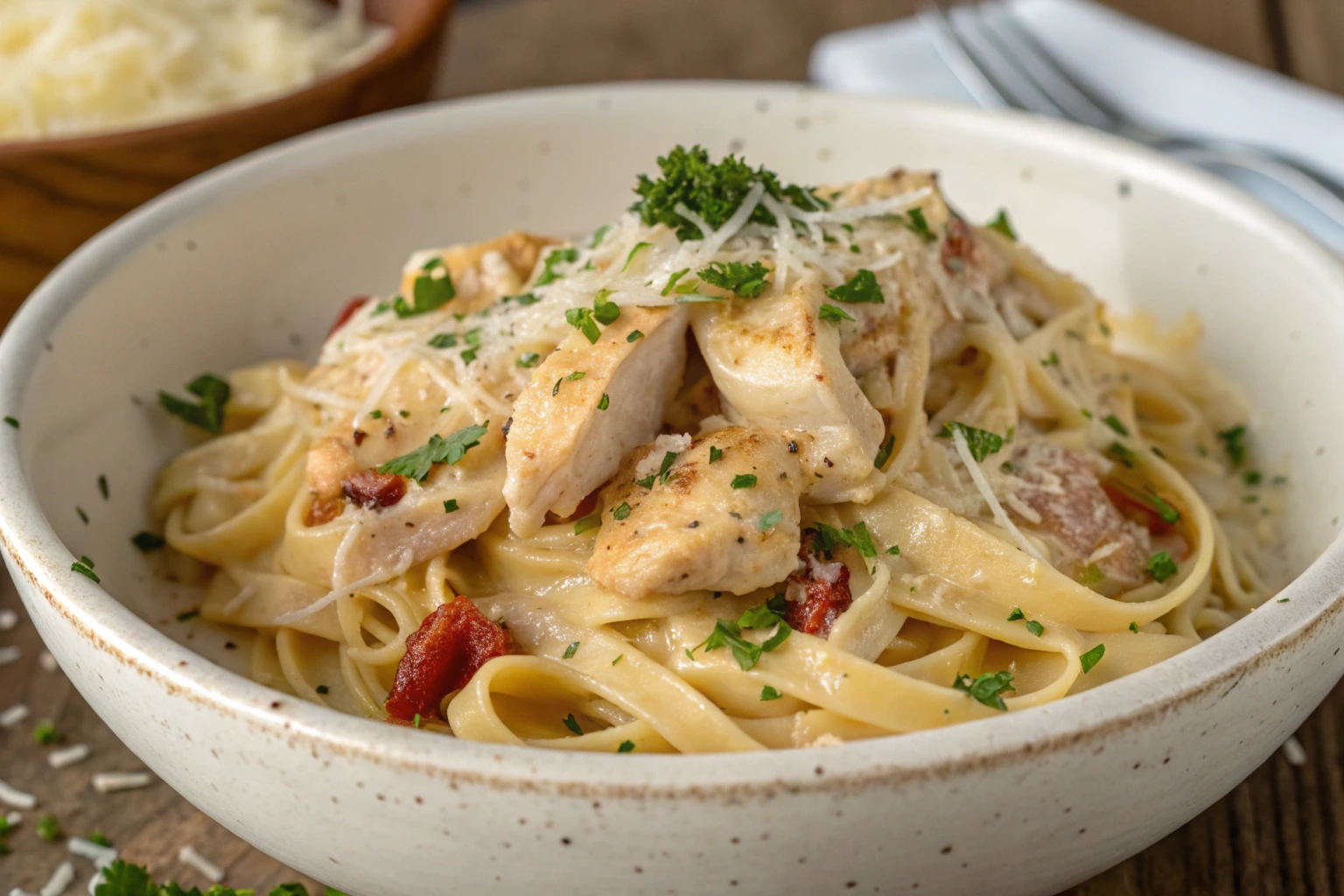 Close-up of creamy crockpot chicken and pasta served in a rustic white bowl, topped with shredded Parmesan, fresh parsley, and grilled chicken slices, with a wooden table and grated cheese in the background.