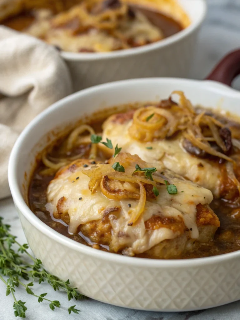 Delicious Crockpot French Onion Chicken served in a white bowl, featuring chicken breasts topped with melted cheese, caramelized onions, and garnished with fresh herbs, surrounded by rich onion broth