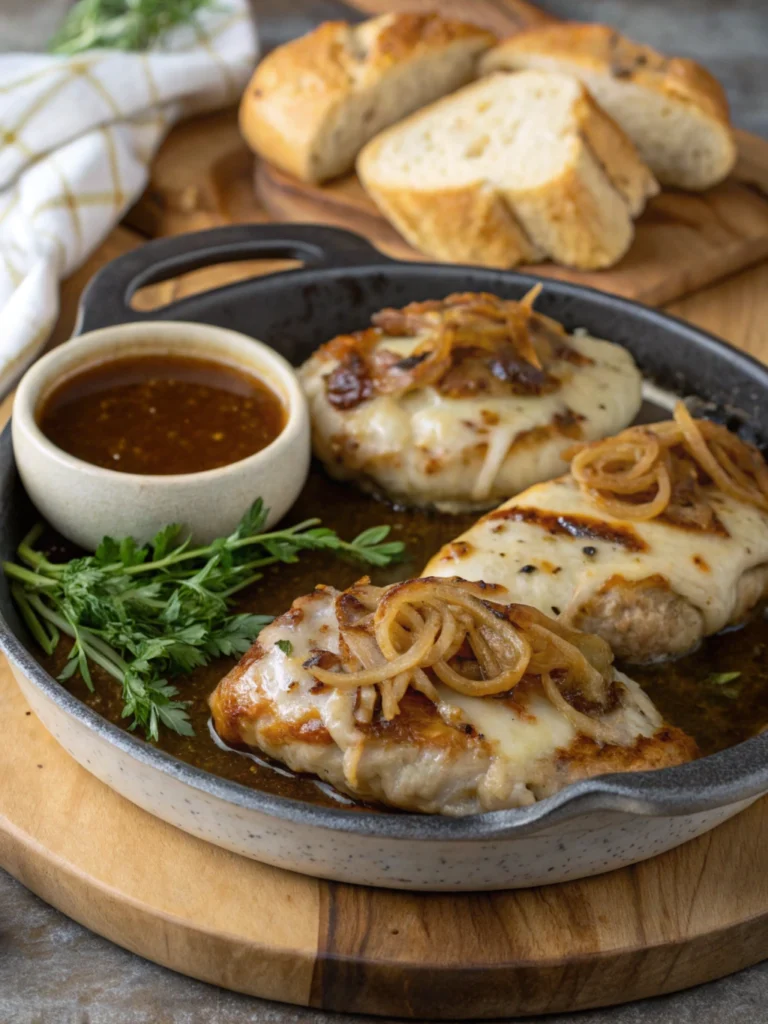 Skillet of Crockpot French Onion Chicken served with caramelized onions, melted cheese, a side of rich broth, and garnished with fresh parsley, accompanied by slices of crusty bread on a wooden board.