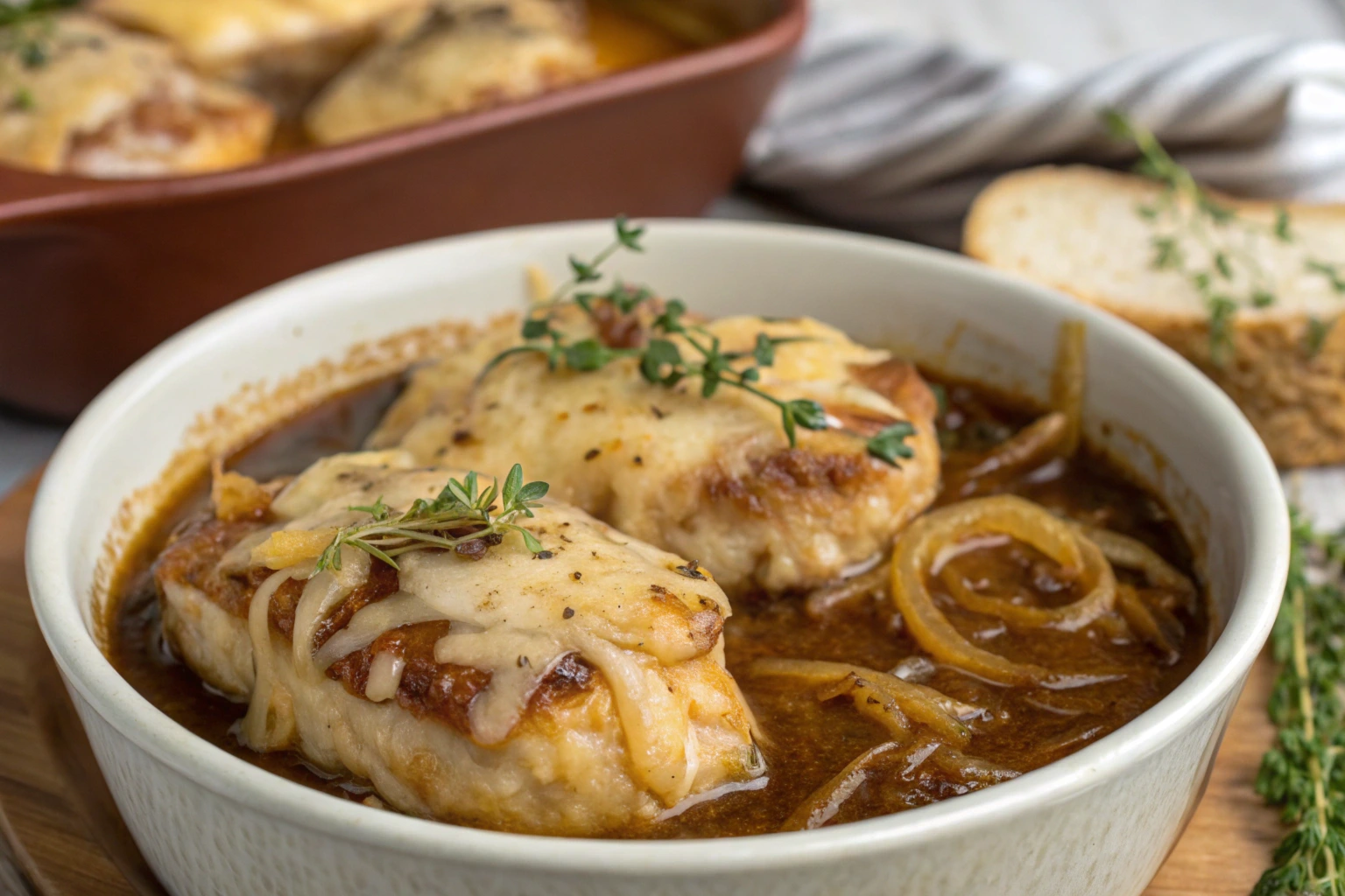 Close-up of Crockpot French Onion Chicken served in a white bowl, featuring tender chicken topped with melted cheese, caramelized onions, and garnished with fresh thyme, with a rich broth surrounding the dish