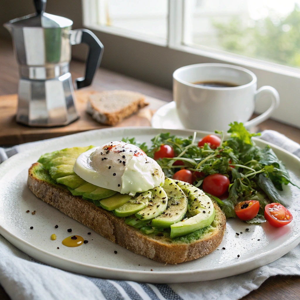 French avocado toast with sliced avocado, a poached egg, black sesame seeds, and a drizzle of olive oil on rustic bread, served with a side salad of cherry tomatoes and fresh greens, accompanied by a cup of coffee and a moka pot in a bright kitchen setting