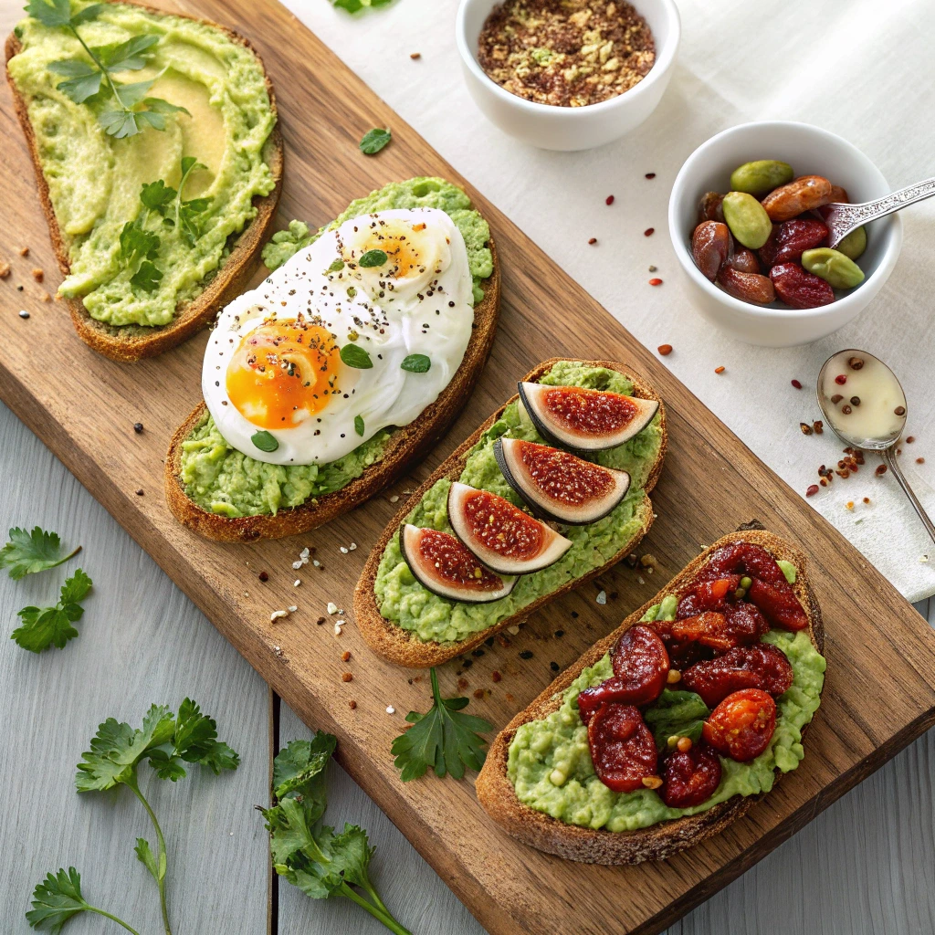 Four variations of French avocado toast displayed on a wooden board: one with mashed avocado and parsley, one topped with a poached egg and herbs, another with fresh fig slices, and the last with roasted cherry tomatoes. Small bowls of toppings like pistachios, olives, and spices are placed nearby, with fresh parsley scattered on a light wooden surface.