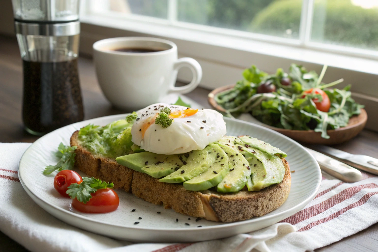 French avocado toast with sliced avocado, a poached egg, black sesame seeds, and parsley on sourdough bread, served with cherry tomatoes, a side salad, and a cup of coffee by a sunny window