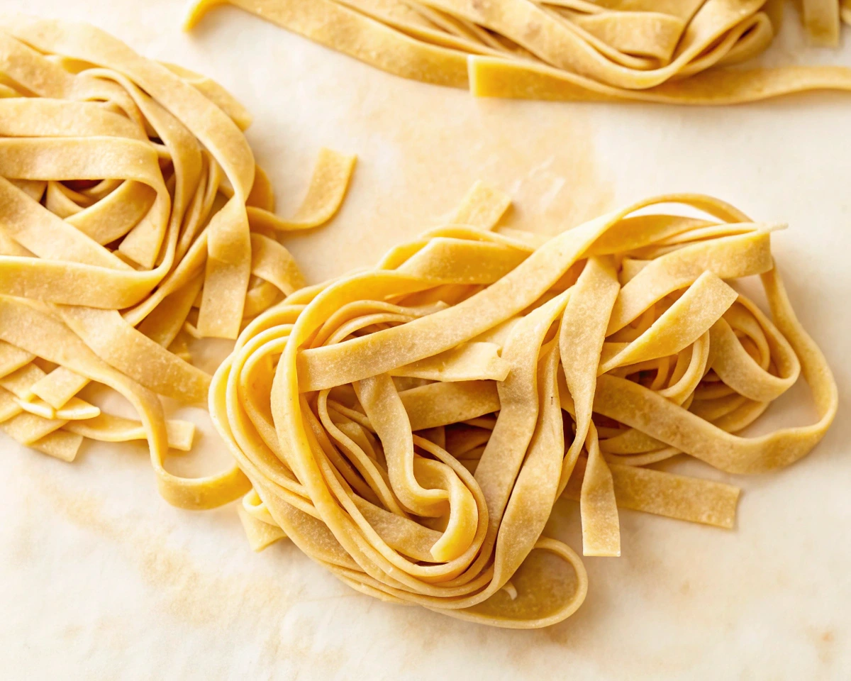 Freshly made gluten-free egg noodles neatly arranged on a floured surface, showcasing their smooth texture and golden-yellow color.