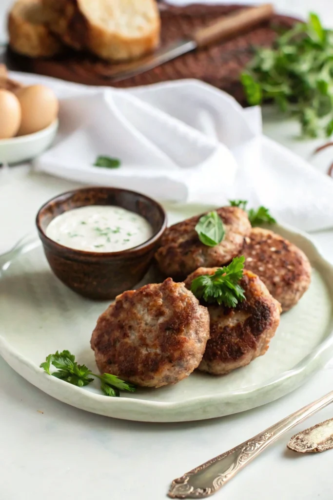 Homemade Jimmy Dean breakfast sausage recipe featuring golden brown sausage patties garnished with fresh parsley, served with a creamy dipping sauce, eggs, bread, and herbs in a rustic breakfast setting.