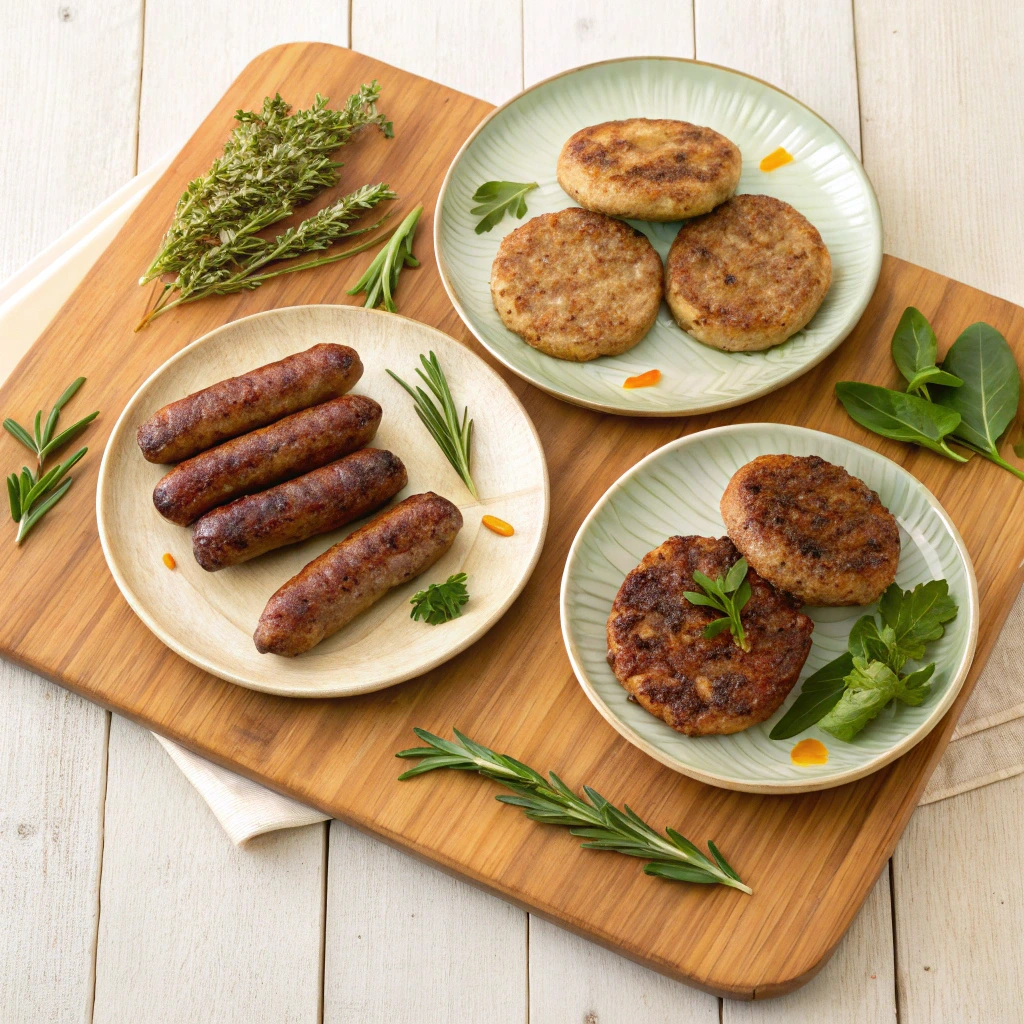 Three variations of Jimmy Dean breakfast sausage recipe featuring sausage patties, links, and herb-seasoned patties, all garnished with fresh herbs on a wooden board.