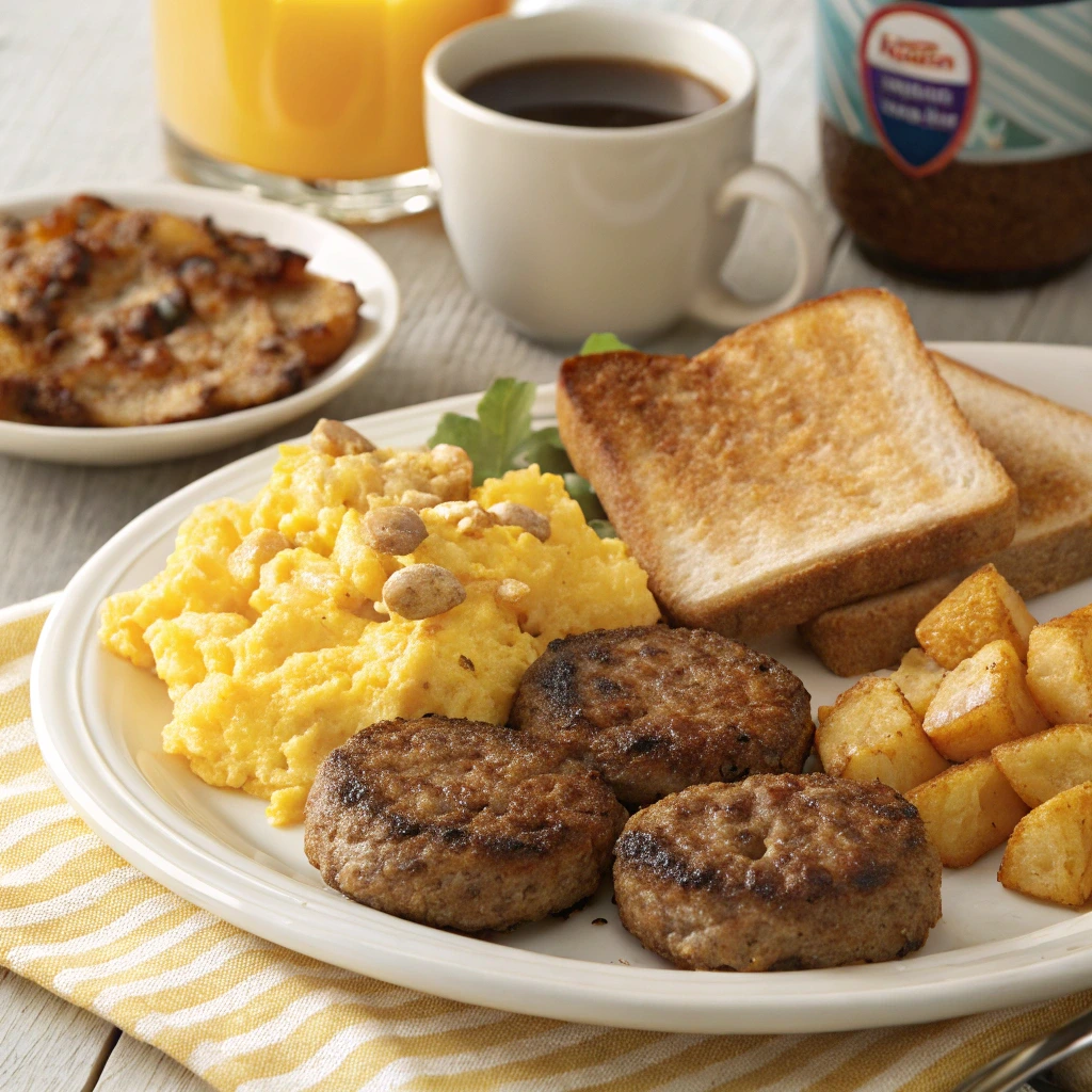 Jimmy Dean breakfast sausage recipe featuring sausage patties served with scrambled eggs, toast, roasted potatoes, coffee, and orange juice on a breakfast plate.