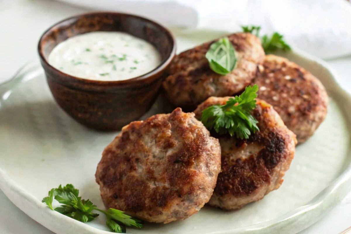 Homemade Jimmy Dean breakfast sausage recipe featuring golden brown sausage patties garnished with fresh herbs, served with a creamy dipping sauce on a rustic plate.