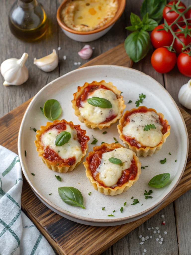 Plate of mini lasagna cups topped with marinara sauce, melted mozzarella, and fresh basil, served on a wooden board with garlic, tomatoes, and herbs in the background.