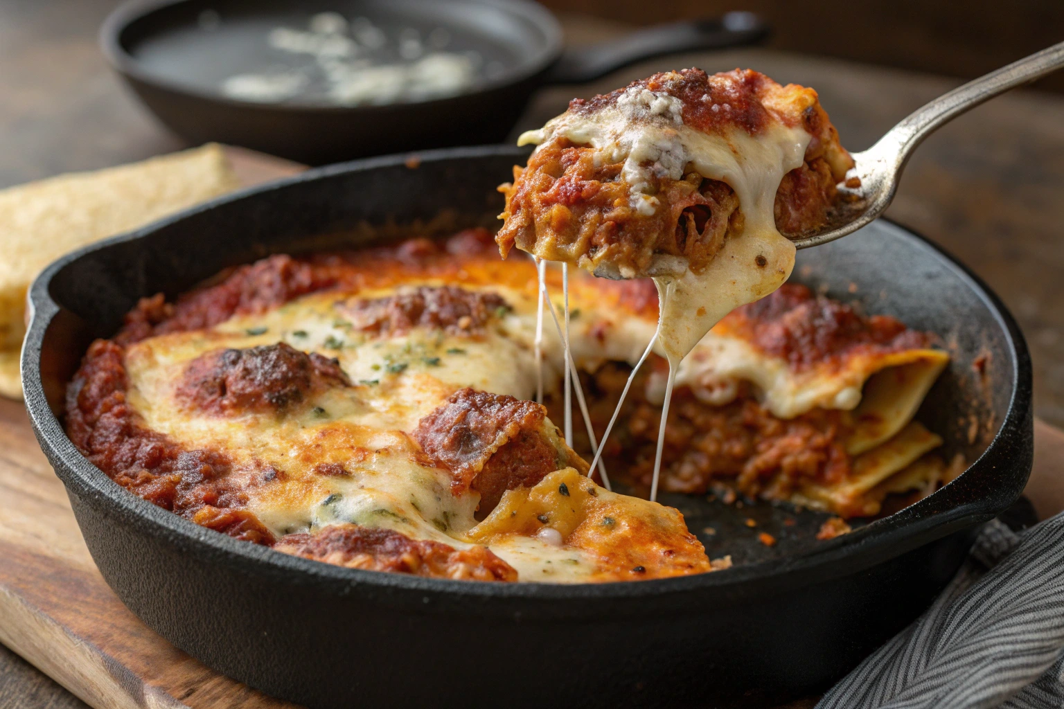 Skillet mini lasagna with layers of pasta, meat sauce, and melted cheese, served in a cast-iron pan with a spoon lifting a cheesy portion.