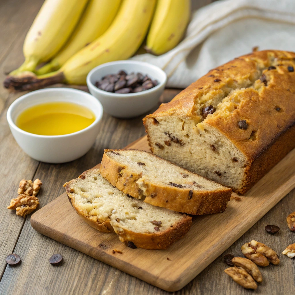 Freshly baked banana bread without butter, sliced on a wooden board, surrounded by ripe bananas, a bowl of vegetable oil, chocolate chips, and walnuts.