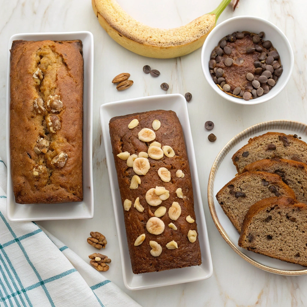 A display of banana bread variations: a banana nut bread topped with chopped walnuts, a loaf garnished with fresh banana slices and nuts, and slices of chocolate chip banana bread on a plate, surrounded by chocolate chips, walnuts, and a ripe banana.