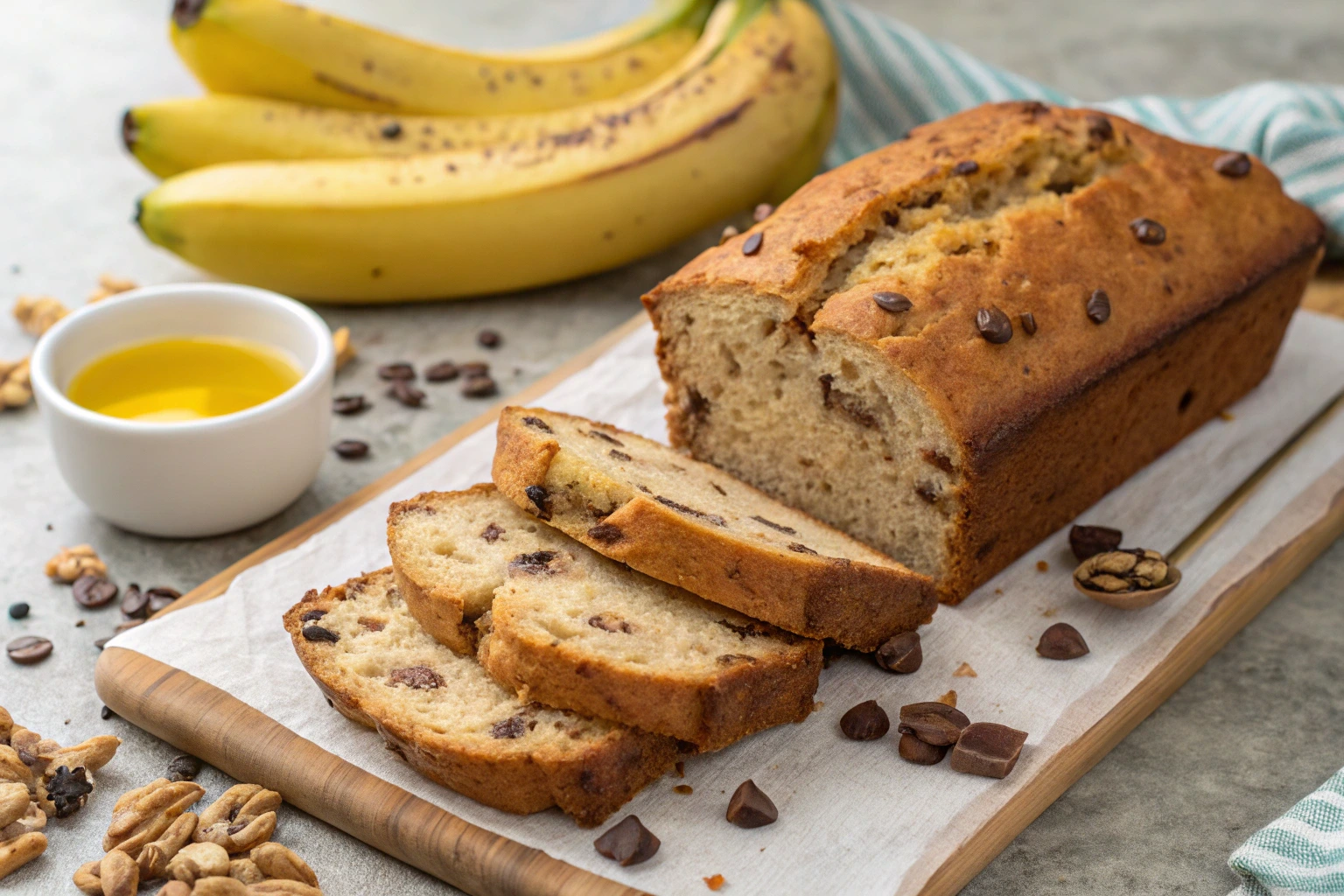 Moist banana bread recipe without butter, featuring a sliced loaf with chocolate chips on a wooden board, surrounded by ripe bananas, a bowl of vegetable oil, and walnuts.