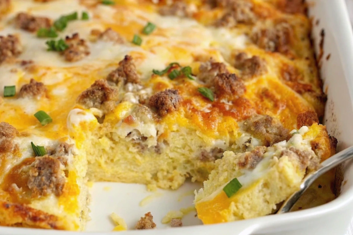 Paula Deen breakfast casserole with eggs, sausage, and melted cheese in a white baking dish, garnished with green onions.