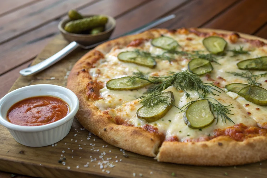 A delicious pickle pie pizza topped with dill pickle slices, melted mozzarella cheese, and fresh dill, served on a wooden board with a side of marinara sauce and a bowl of pickles in the background.