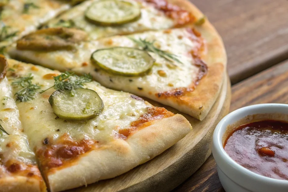 A freshly baked pickle pie pizza topped with dill pickle slices, melted cheese, and fresh dill, served on a wooden plate with a side of marinara dipping sauce.