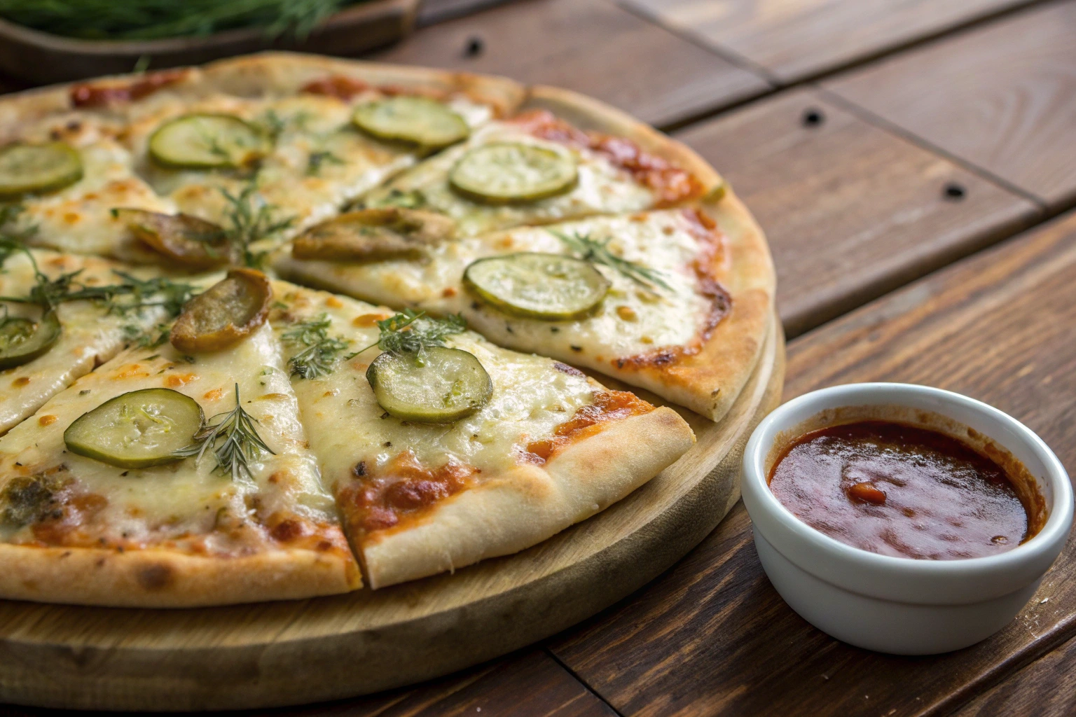 A freshly baked pickle pie pizza topped with dill pickle slices, melted cheese, and fresh dill, served on a wooden plate with a side of marinara dipping sauce.