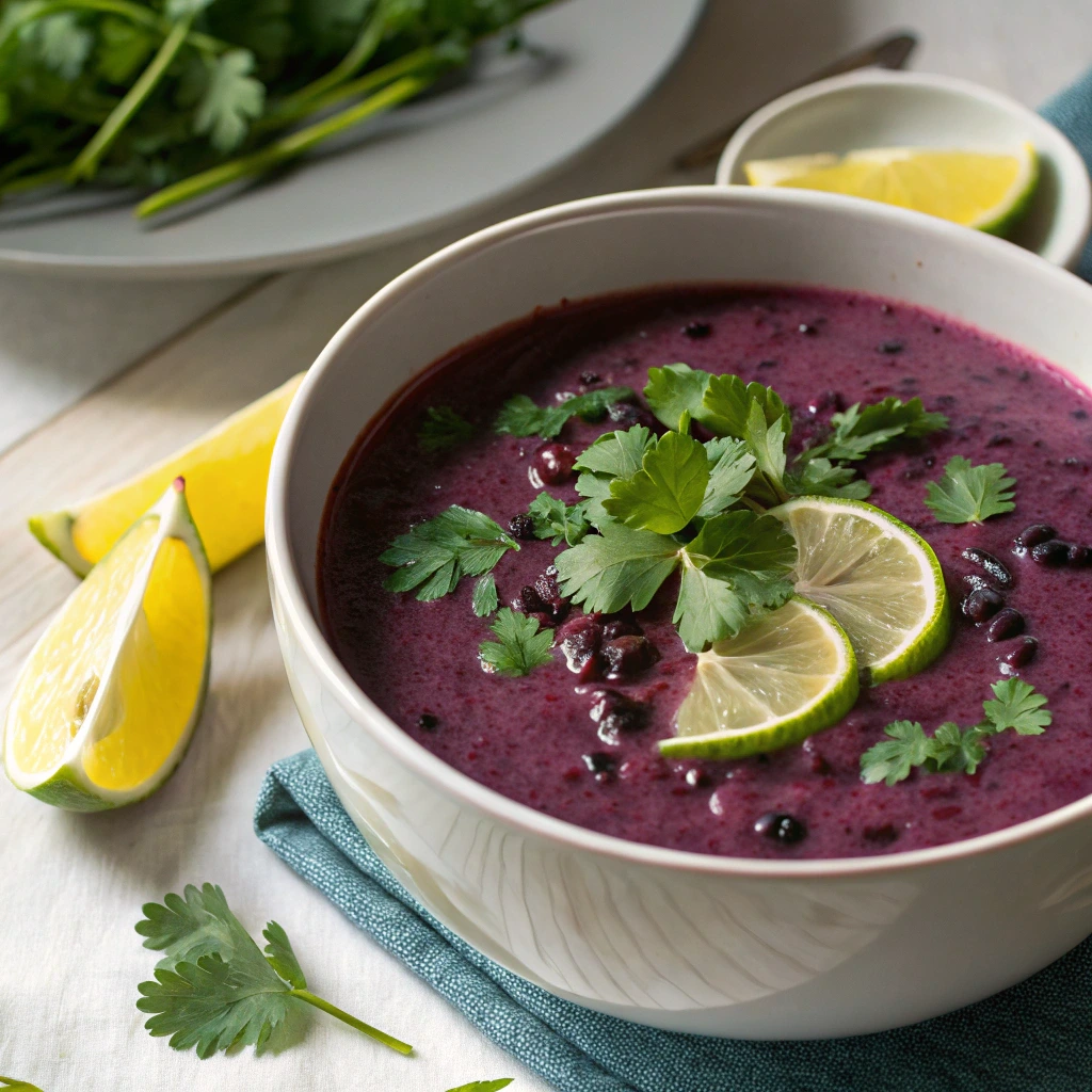 A bowl of creamy purple black bean soup garnished with fresh cilantro and lime slices, surrounded by lemon wedges and herbs on a white and teal table setting.