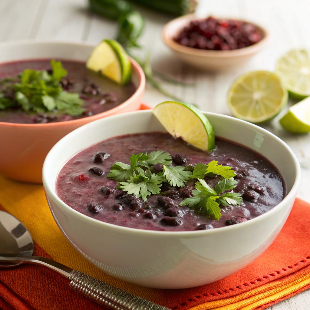 A bowl of vibrant purple black bean soup garnished with fresh cilantro and a lime wedge, served on colorful napkins with fresh limes and beans in the background.