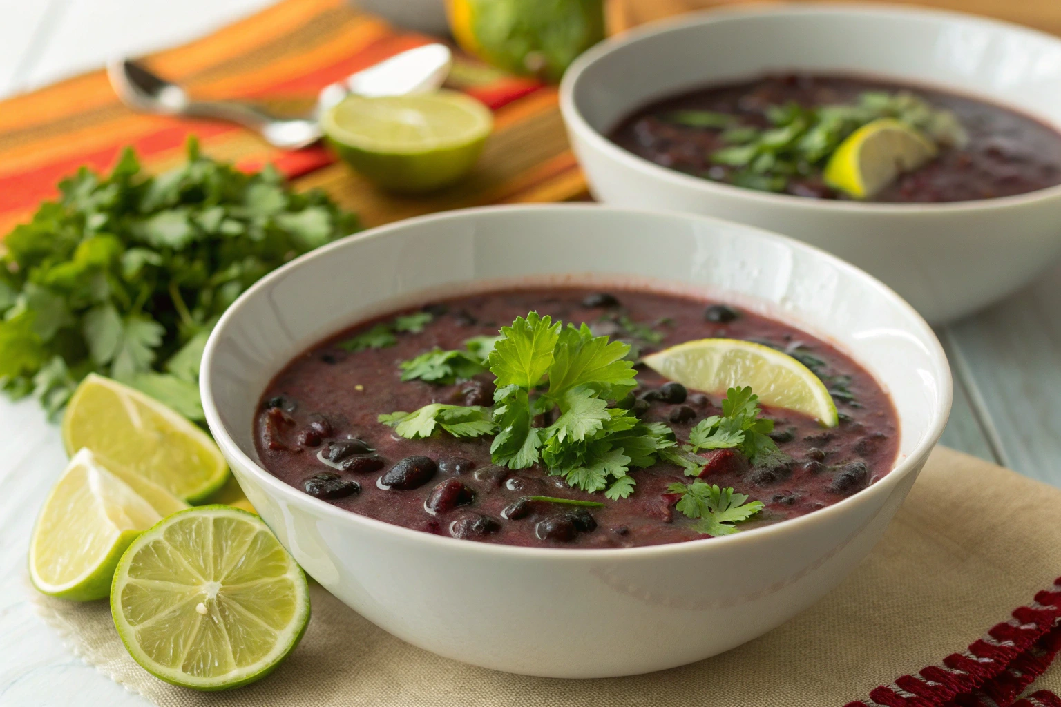 A close-up of two bowls of purple black bean soup garnished with fresh cilantro and lime wedges, placed on a beige cloth with limes and herbs in the background.