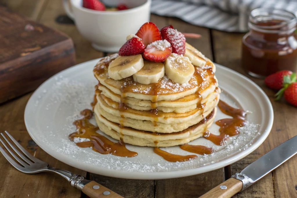 A stack of golden pancakes topped with banana slices, fresh strawberries, and powdered sugar, drizzled with salted caramel sauce, served on a white plate with a rustic wooden background.