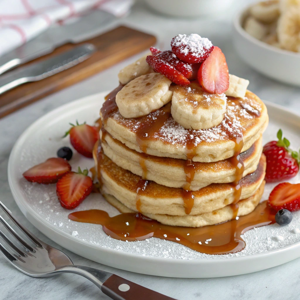 A stack of fluffy pancakes drizzled with salted caramel sauce, topped with banana slices, fresh strawberries, and powdered sugar, served on a white plate with a marble background.