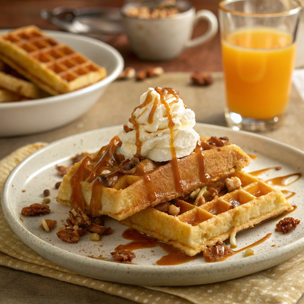 Golden waffles topped with whipped cream, drizzled with salted caramel sauce, and sprinkled with chopped nuts, served on a beige plate with a glass of orange juice in the background.