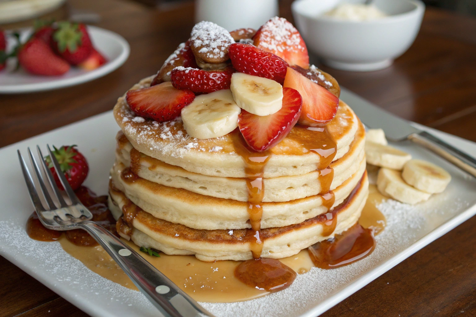 A stack of fluffy pancakes drizzled with salted caramel sauce, topped with fresh strawberries, banana slices, and powdered sugar, served on a white plate with a fork on the side.