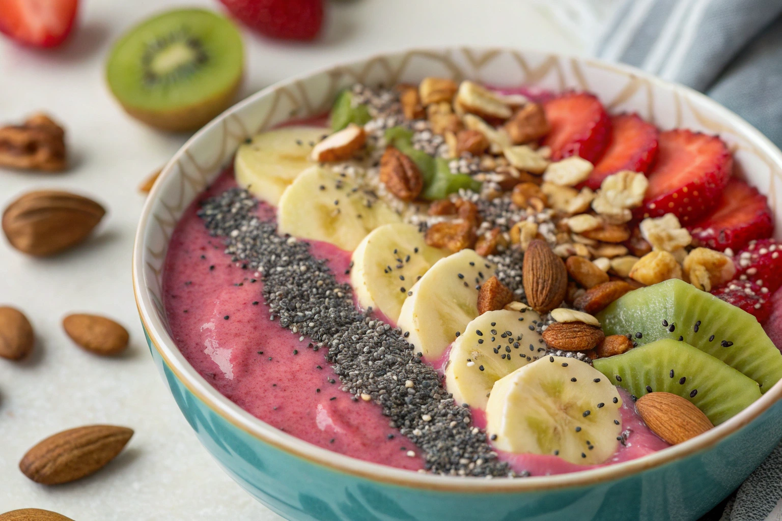 Smoothie bowl with a pink berry base topped with fresh banana slices, kiwi, strawberries, chia seeds, almonds, walnuts, and granola, perfect for a healthy meal replacement or breakfast option.