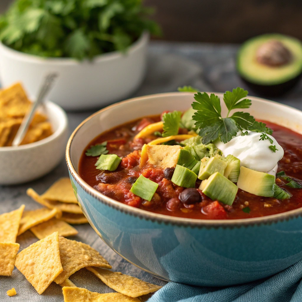 A bowl of taco soup topped with diced avocado, sour cream, fresh cilantro, and crunchy tortilla chips. The soup is rich with beans, tomatoes, and spices, styled with a vibrant blue bowl and fresh ingredients like avocado and cilantro in the background for a warm and inviting Tex-Mex presentation.