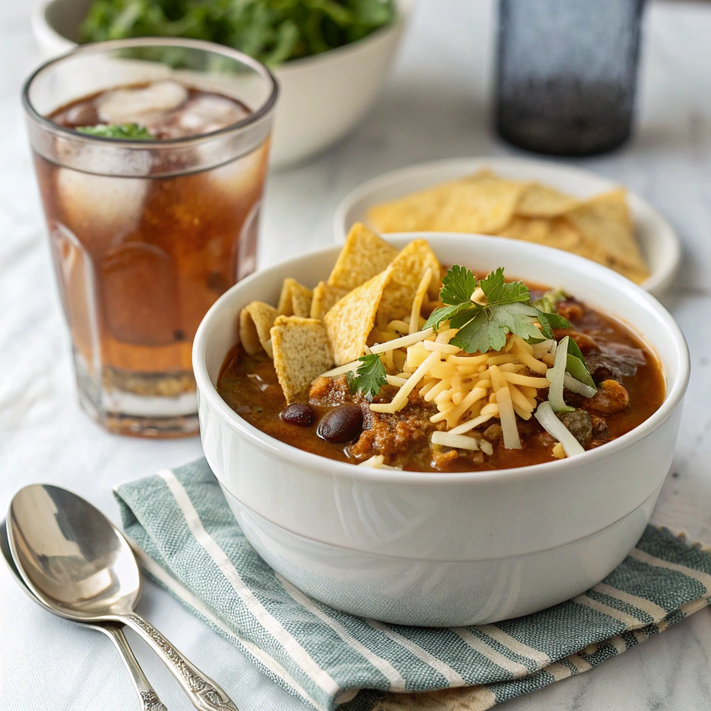 A bowl of taco soup topped with crunchy Fritos, shredded cheese, and fresh cilantro. The dish features rich, hearty ingredients like beans and beef, served alongside a glass of iced tea and tortilla chips in the background, creating a cozy and appetizing Tex-Mex presentation.