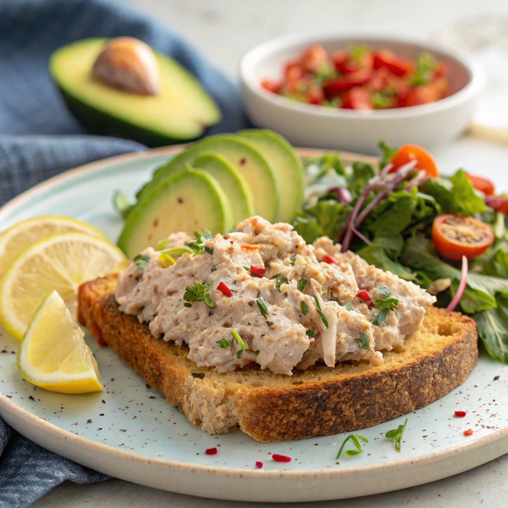 Healthy tuna on whole grain toast topped with herbs, served with fresh avocado slices, a side salad with cherry tomatoes, and lemon wedges on a white plate.