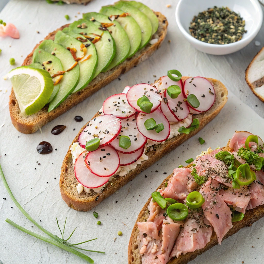 Three global variations of tuna on whole grain toast: avocado slices with lime and drizzle, radishes with green onions and chia seeds, and tuna with jalapeños and fresh herbs, served on a rustic board.