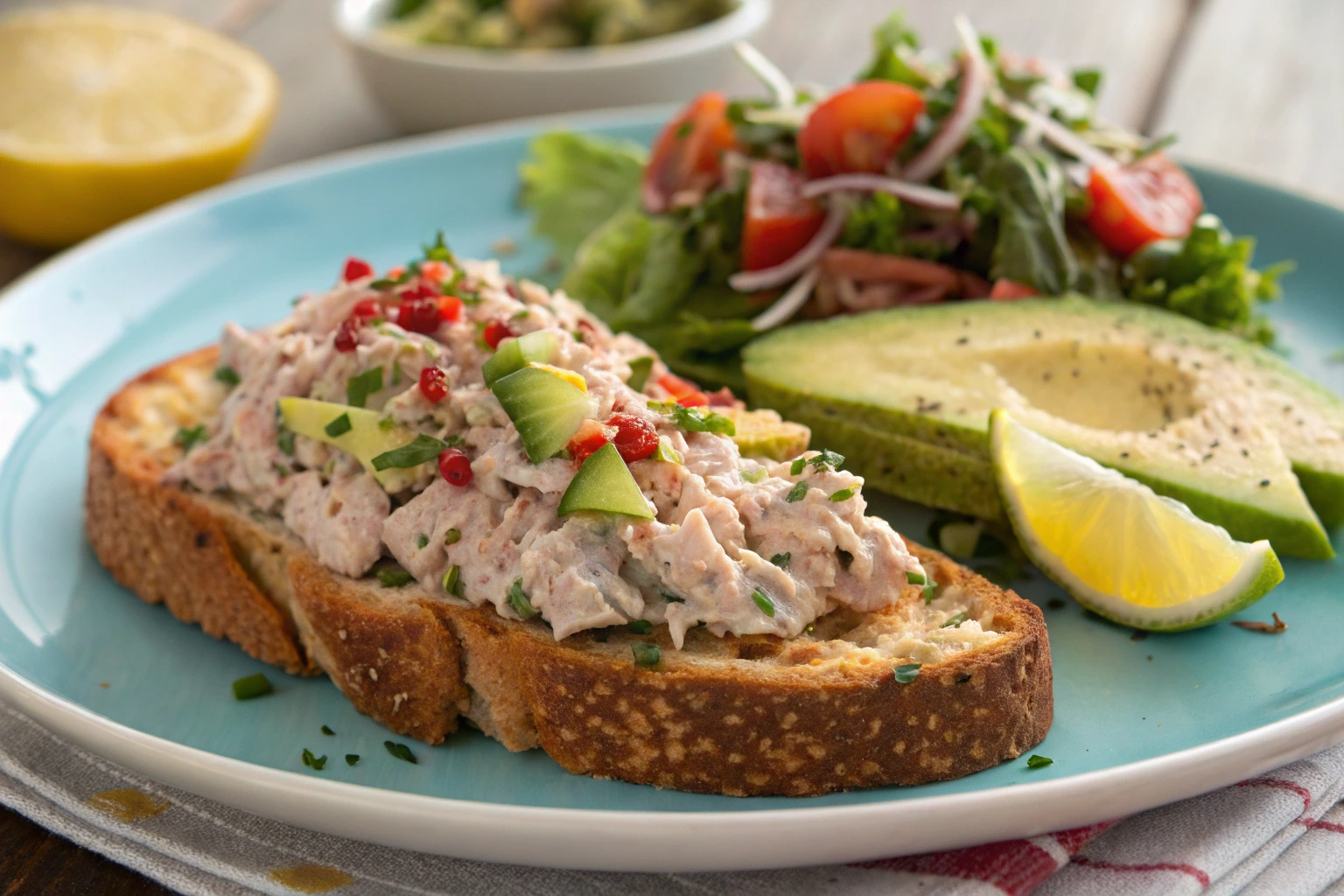 Plate of tuna on whole grain toast garnished with diced cucumber and herbs, served with avocado slices, a lemon wedge, and a fresh green salad.