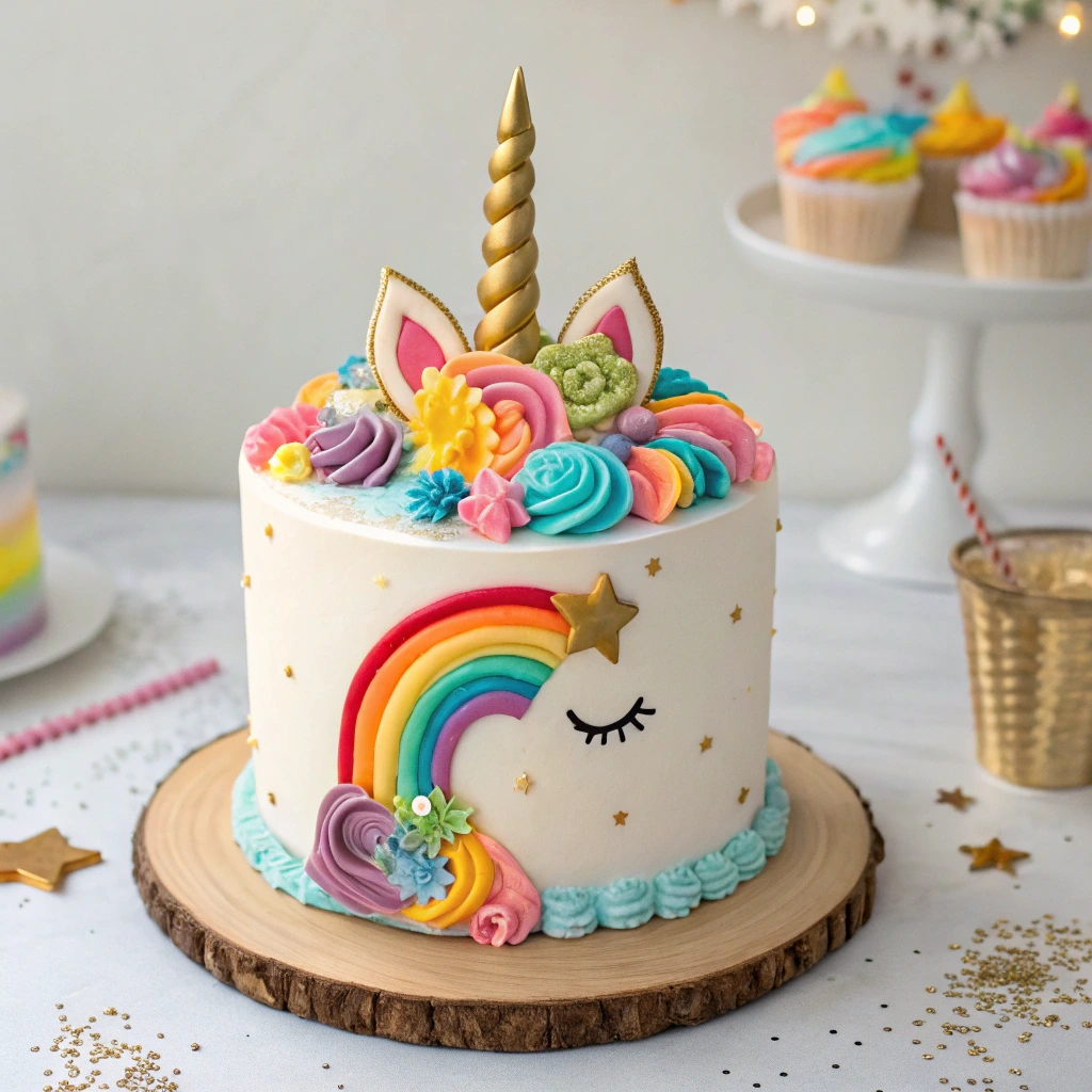 Beautiful unicorn cake with a golden horn, pastel buttercream flowers, and a rainbow design, perfect for birthdays and magical themed parties.