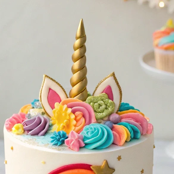 Beautiful unicorn cake with a golden horn, pastel buttercream flowers, and a rainbow design.