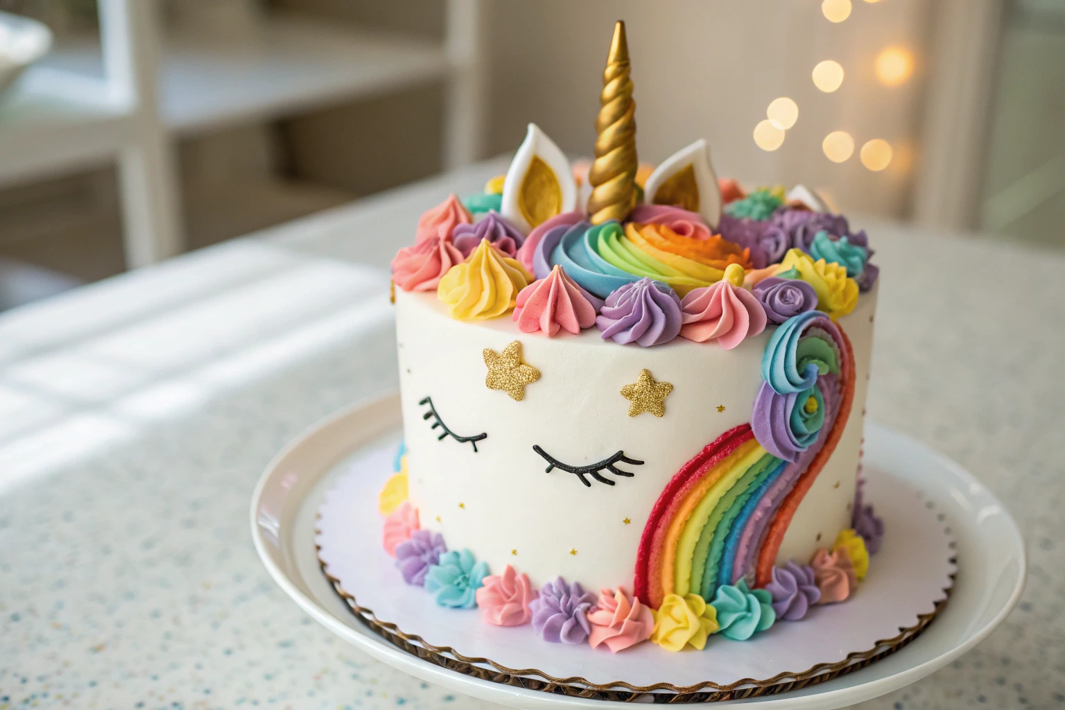 Colorful unicorn cake with a golden horn, rainbow mane, and pastel buttercream swirls, perfect for birthdays and magical celebrations.