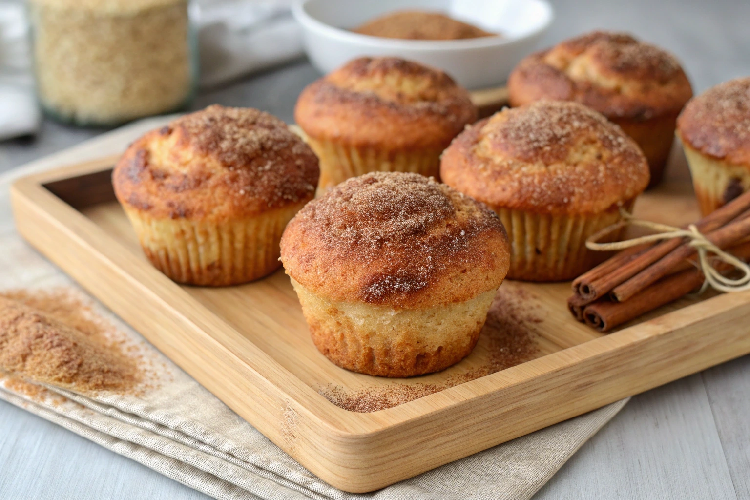 Six golden-brown vegetarian cinnamon sugar donut muffins on a wooden tray, garnished with a cinnamon sugar topping, with cinnamon sticks and bowls of sugar in the background.