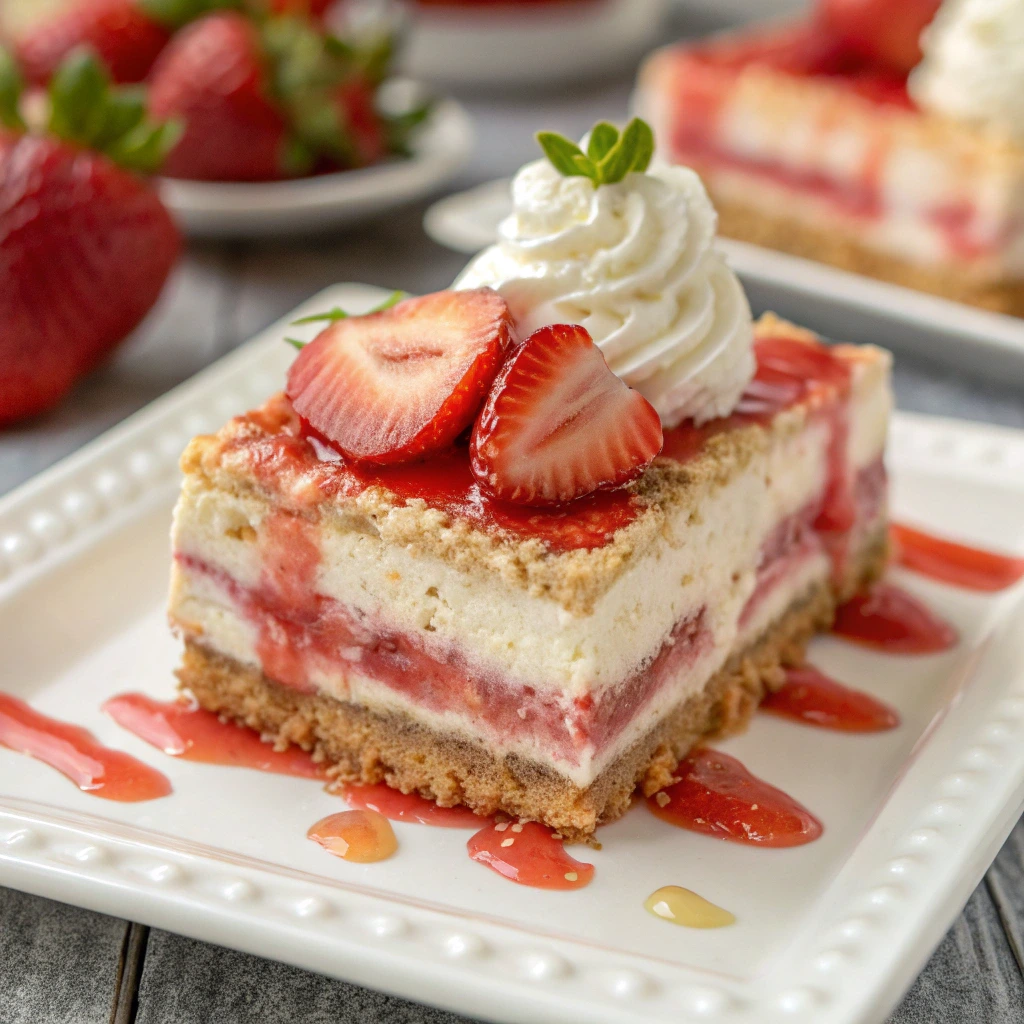 Creamy no-bake strawberry lasagna dessert with layers of graham cracker crust, cheesecake filling, and fresh strawberries, topped with whipped cream and strawberry sauce drizzle, served on a white plate.