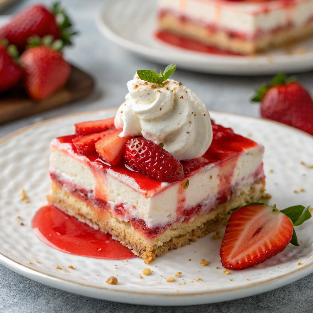 No-bake strawberry lasagna dessert with layers of buttery crust, creamy cheesecake, and fresh strawberries, topped with whipped cream and strawberry sauce, served on a white plate.