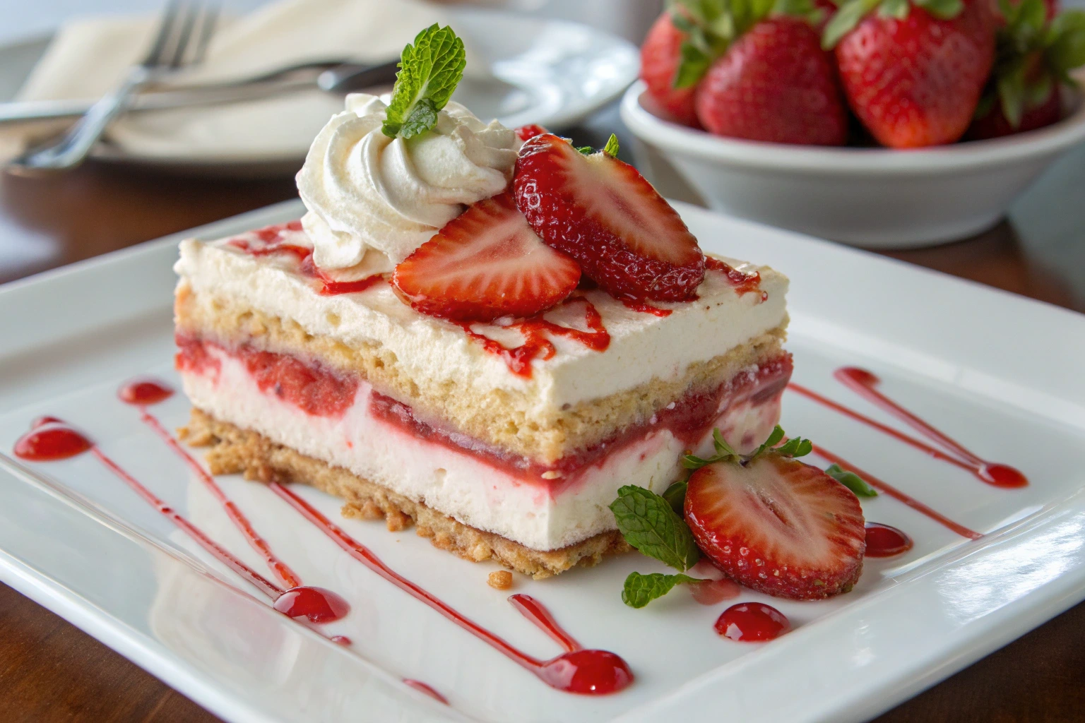 Delicious no-bake strawberry lasagna dessert with layers of creamy cheesecake, fresh strawberries, and a golden crust, topped with whipped cream and mint, served on a white plate with strawberry sauce drizzle.