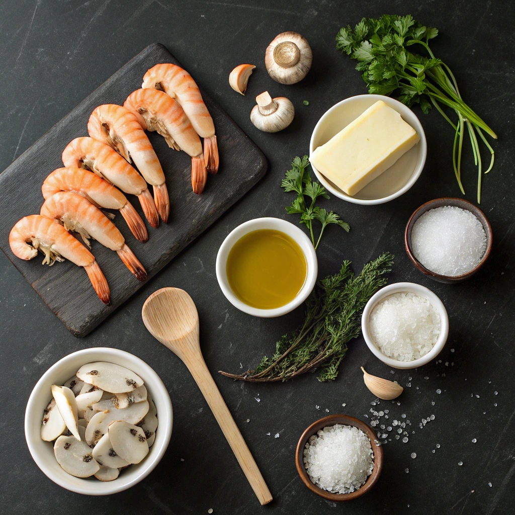 Fresh ingredients for langostino mushroom sour cream gravy, including langostino tails, sliced mushrooms, butter, olive oil, garlic, salt, and fresh herbs, arranged on a dark slate surface.