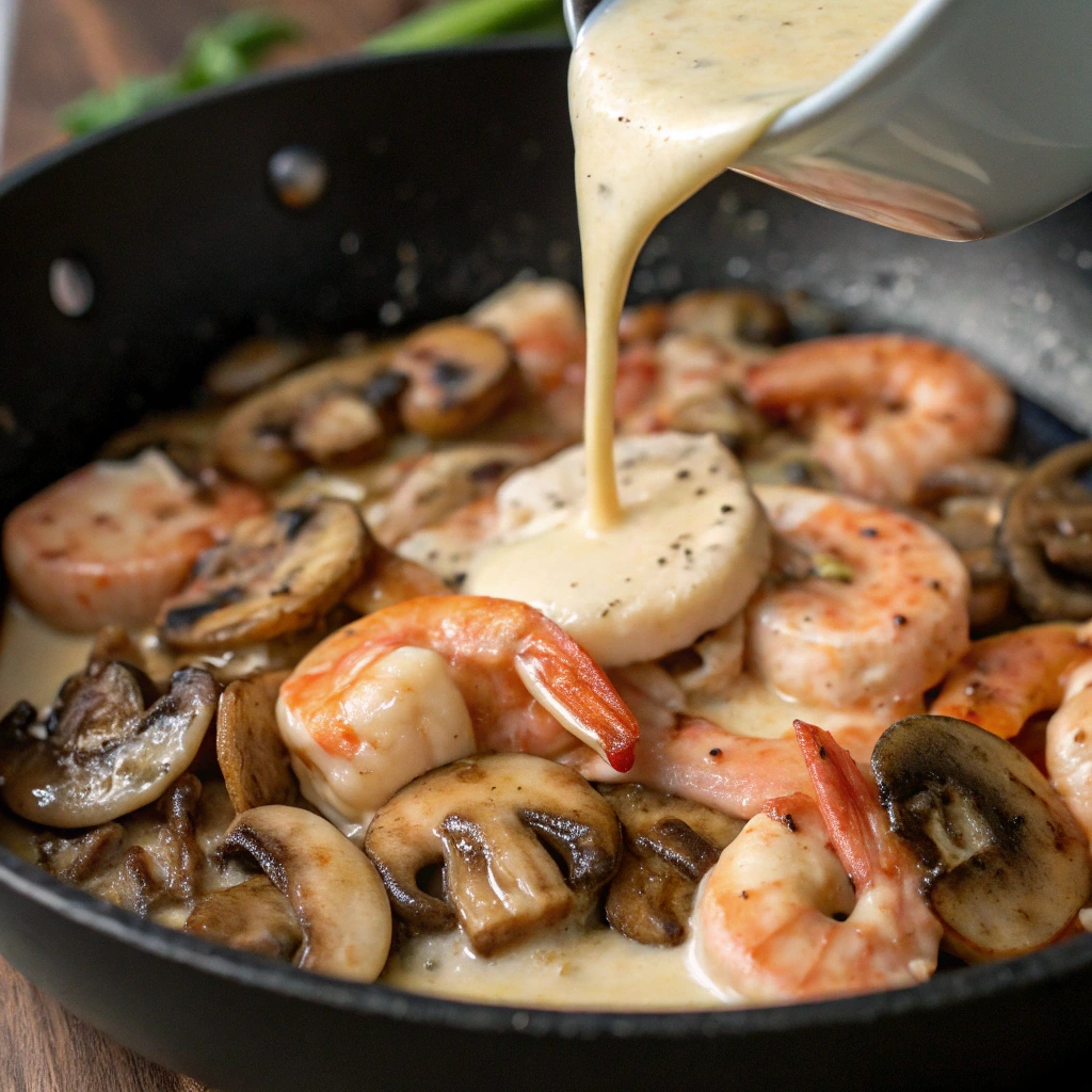 Creamy sour cream gravy being poured over sautéed langostino and mushrooms in a skillet, creating a rich and flavorful seafood dish.