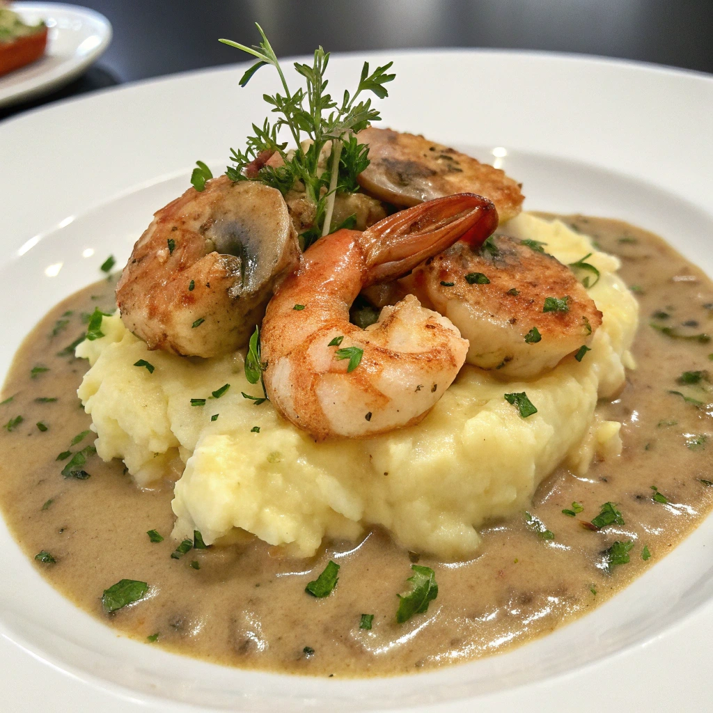 Plated langostino mushroom sour cream gravy served over mashed potatoes, garnished with fresh parsley and herbs for a rich and flavorful seafood dish.