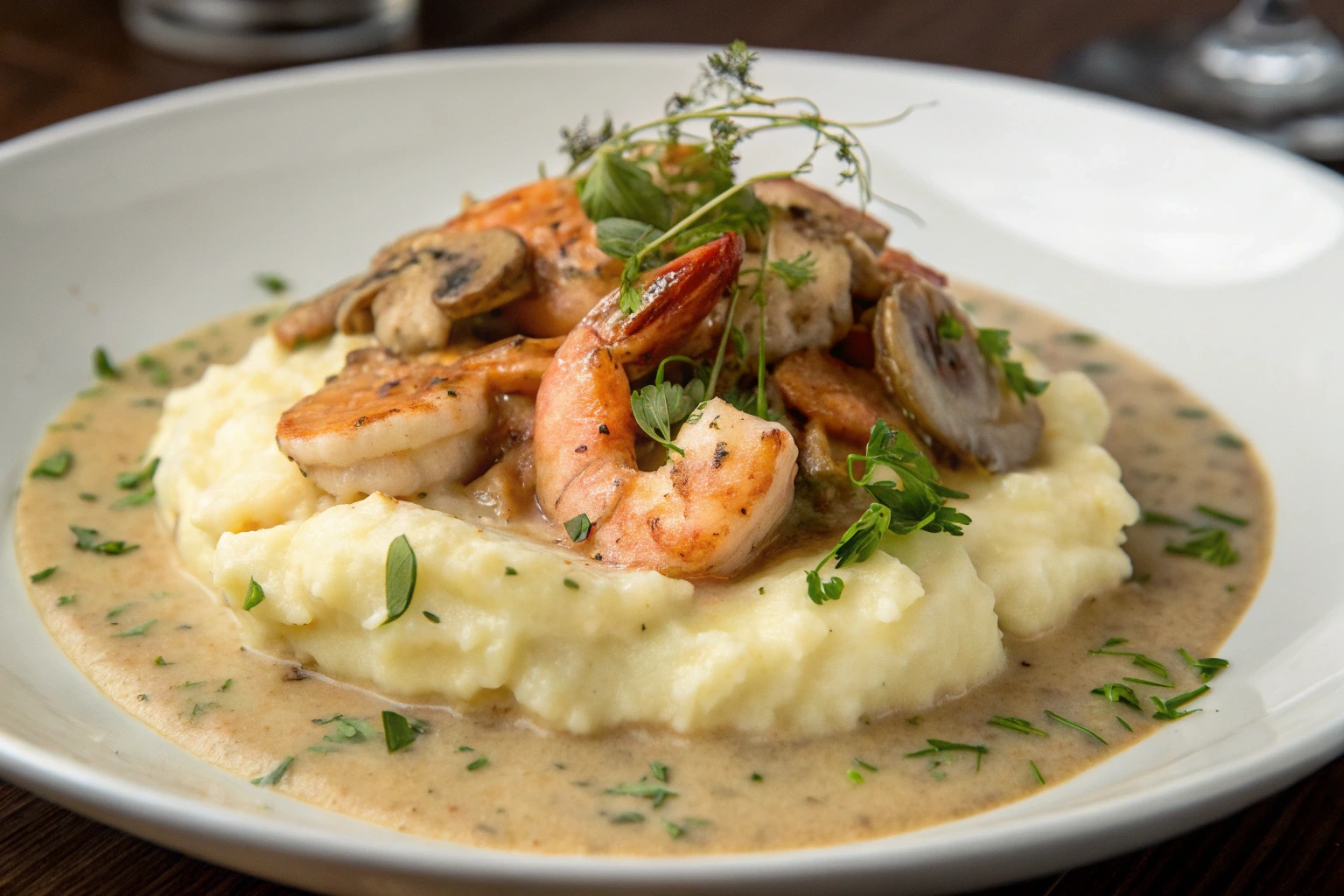 Creamy langostino mushroom sour cream gravy served over mashed potatoes, garnished with fresh herbs, featuring sautéed mushrooms and seafood in a rich, savory sauce.